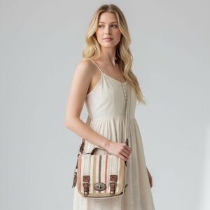 FOSSIL Vintage Retro Style Messenger Crossbody Canvas & Leather Bag w/Key Logo